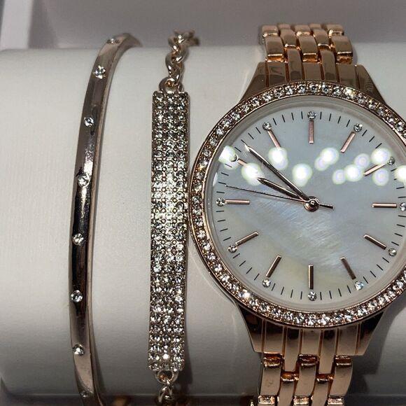 Gold Tone Crystal Watch Bracelet (3 Piece Set) Stunning Chic Intricate Style NEW - Picture 13 of 16